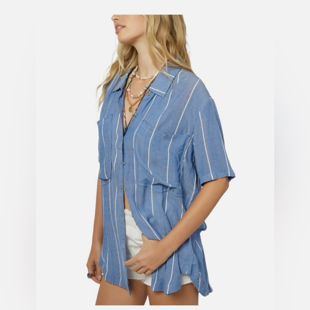 O'Neill Blue Striped Lightweight Button-Up Blouse
